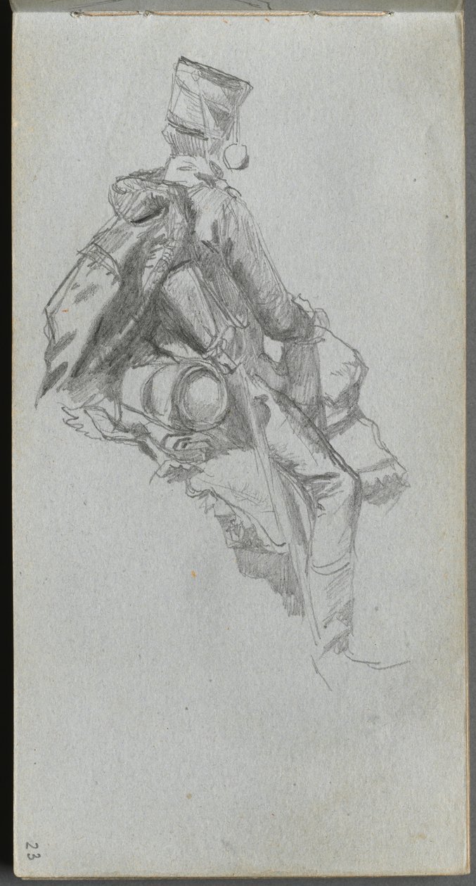Skissebok, side 23: Sittende soldat. av Jean Louis Ernest Meissonier