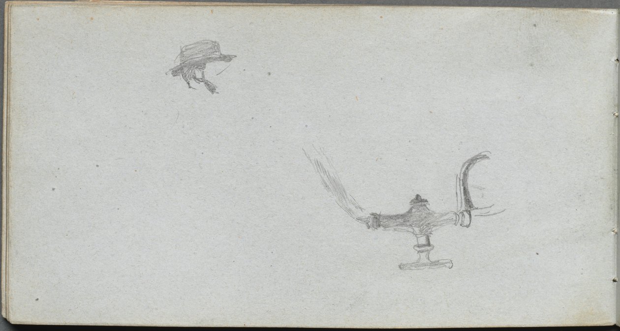 Skissebok, side 26: Studie av et hode og en lampe. av Jean Louis Ernest Meissonier