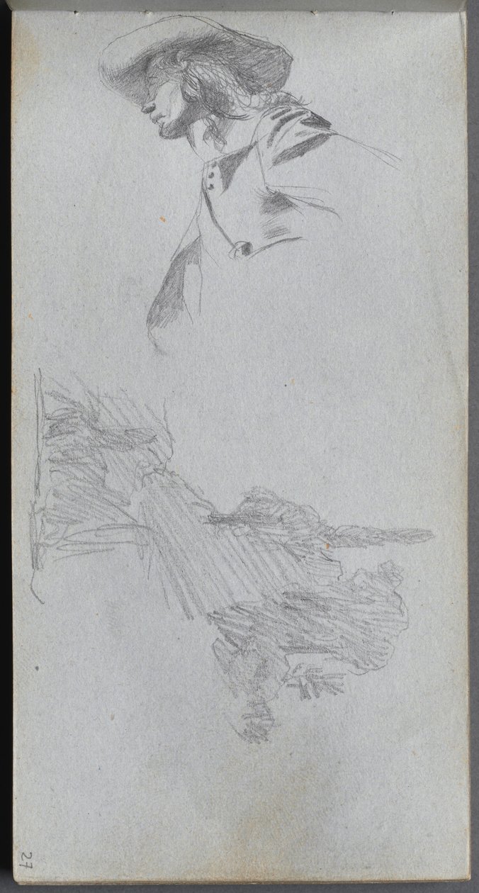Skissebok, side 27: Detaljstudie for On a Terrace and Landscape Study. av Jean Louis Ernest Meissonier