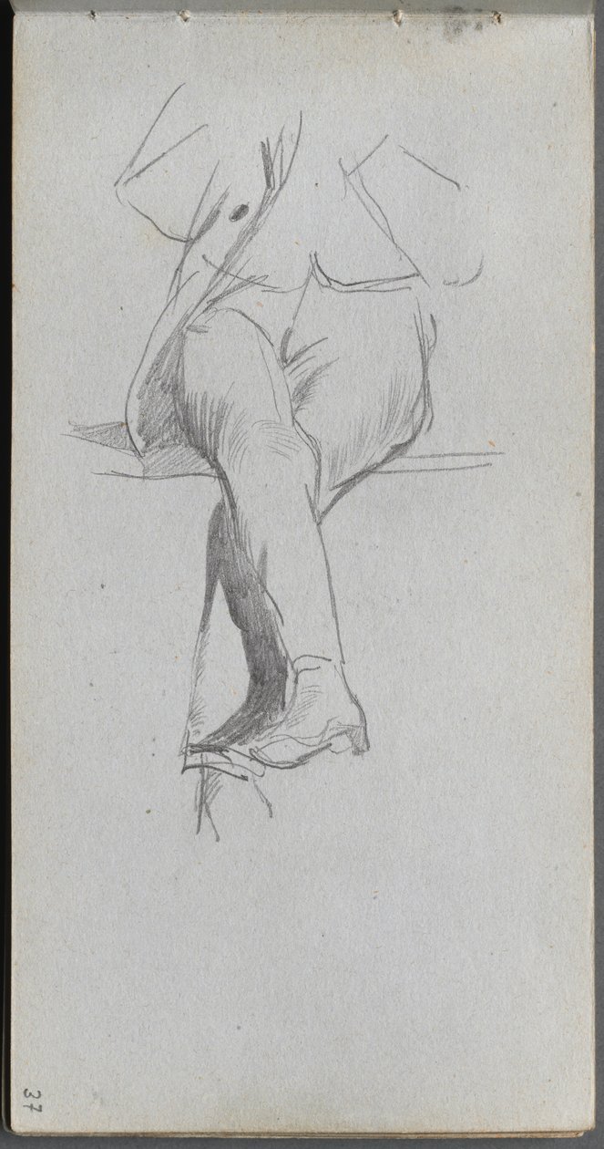 Skissebok, side 37: Figurstudie, ben i kors. av Jean Louis Ernest Meissonier