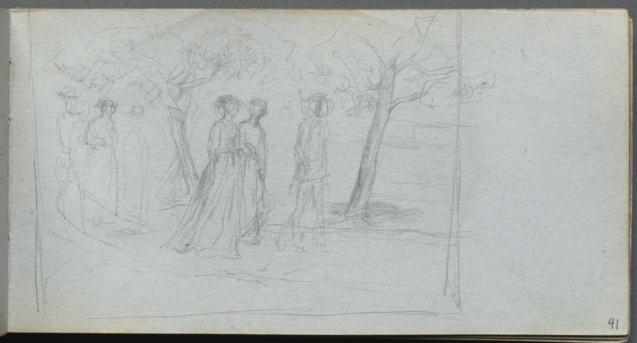 Skissebok, side 41: Figurer i et landskap av Ernest Meissonier