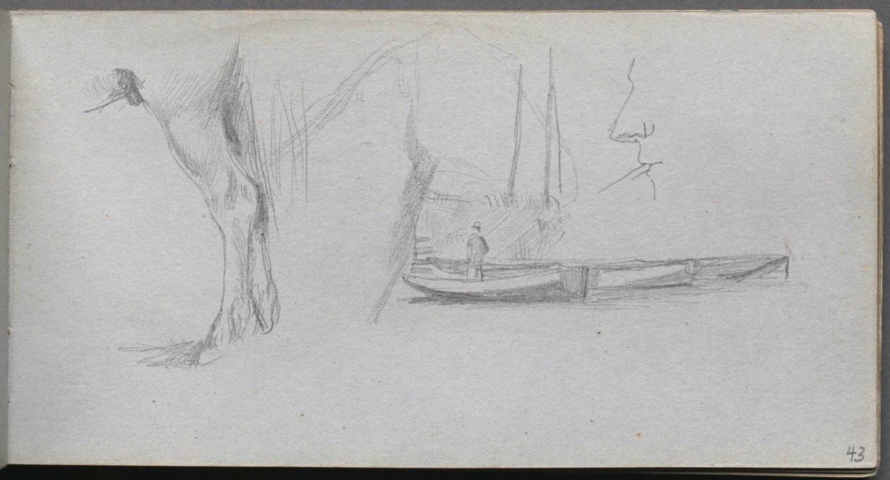 Skissebok, side 43: Studier: Hesteben, figur i en båt og profil av Ernest Meissonier