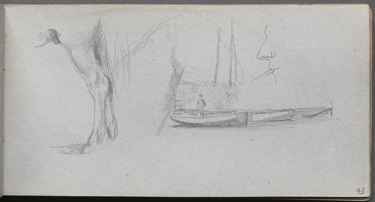 Skissebok, side 43: Studier: Hesteben, figur i en båt og profil. av Jean Louis Ernest Meissonier