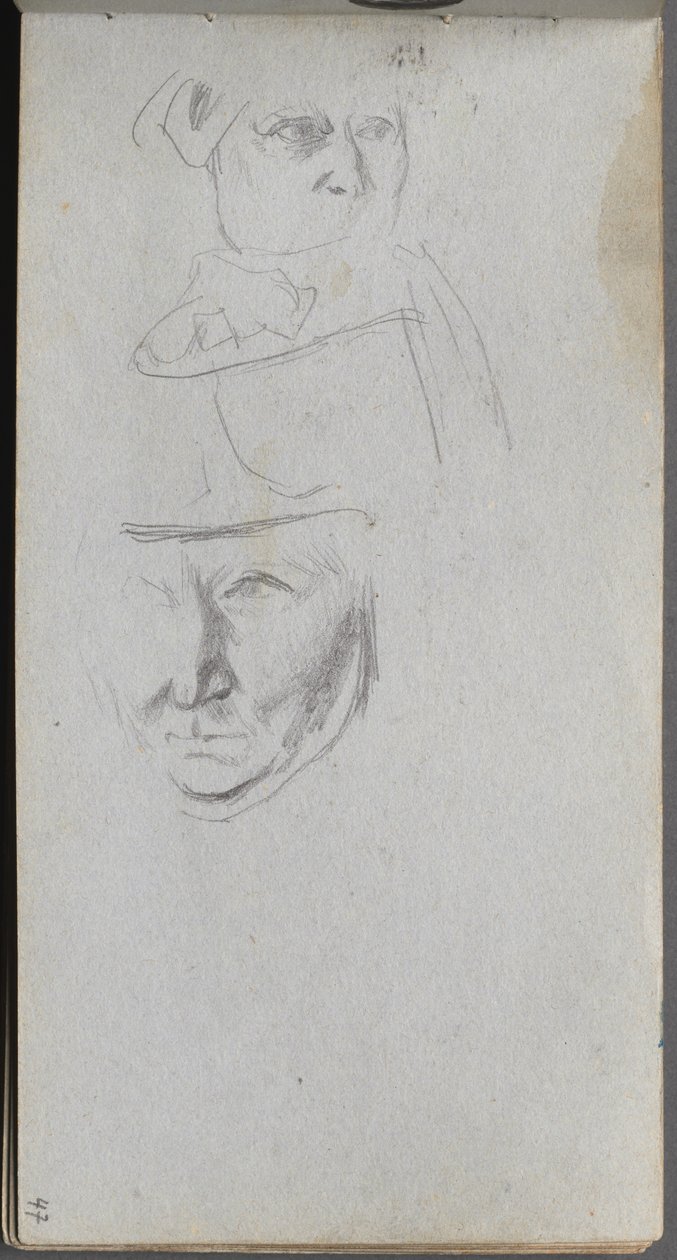 Skissebok, side 47: Studier av tre ansikter. av Jean Louis Ernest Meissonier