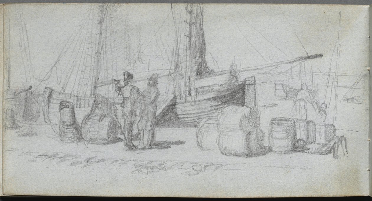 Skissebok, side 50: Båter, figurer, last på en strand av Ernest Meissonier