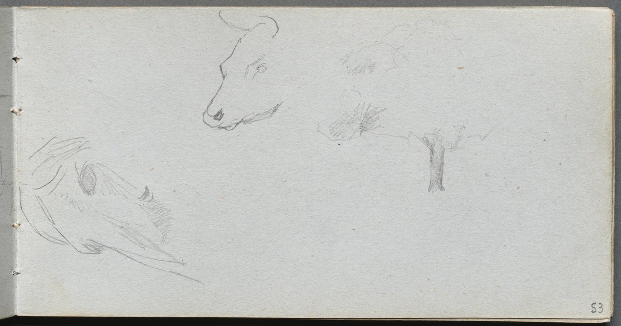 Skissebok, side 53: Dyrestudier og trestudier. av Jean Louis Ernest Meissonier
