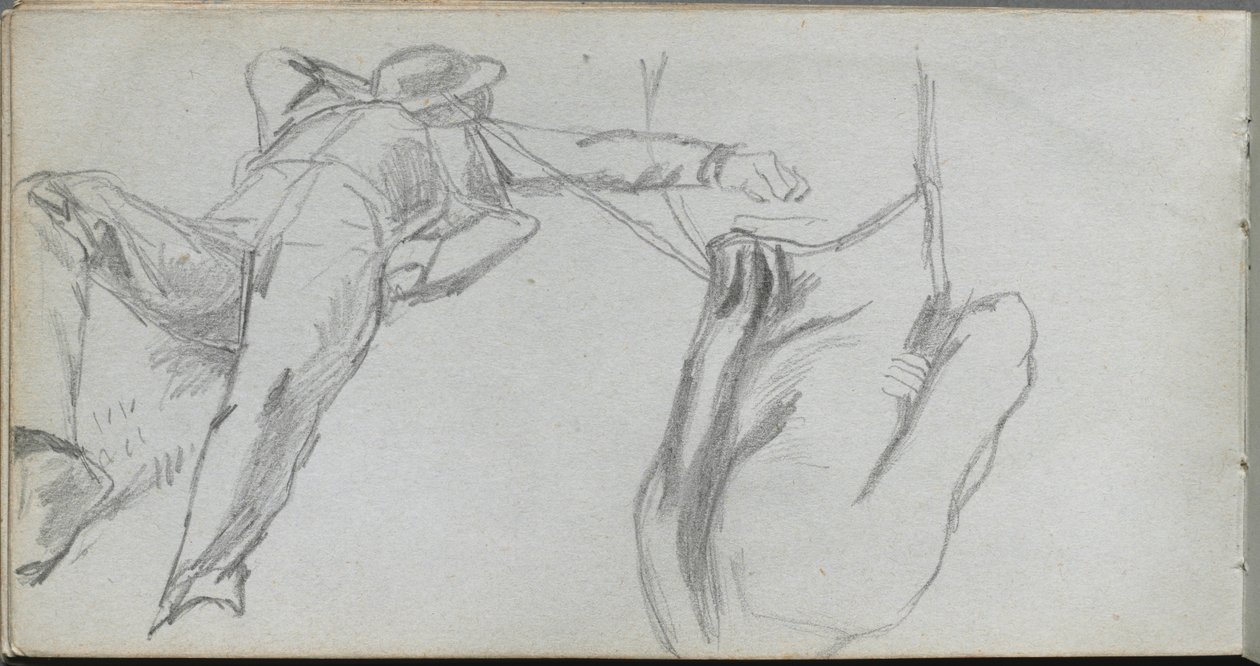 Skissebok, side 58: Liggende figur og figur bakfra av Ernest Meissonier
