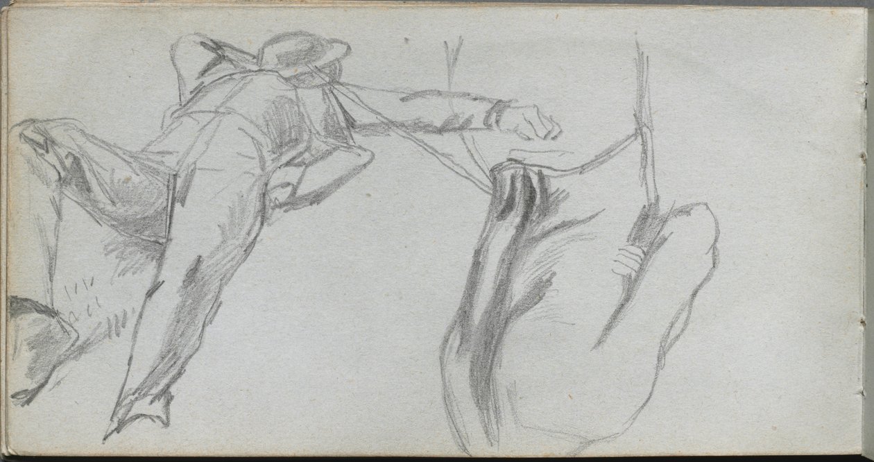 Skissebok, side 58: Liggende figur og figur bakfra. av Jean Louis Ernest Meissonier