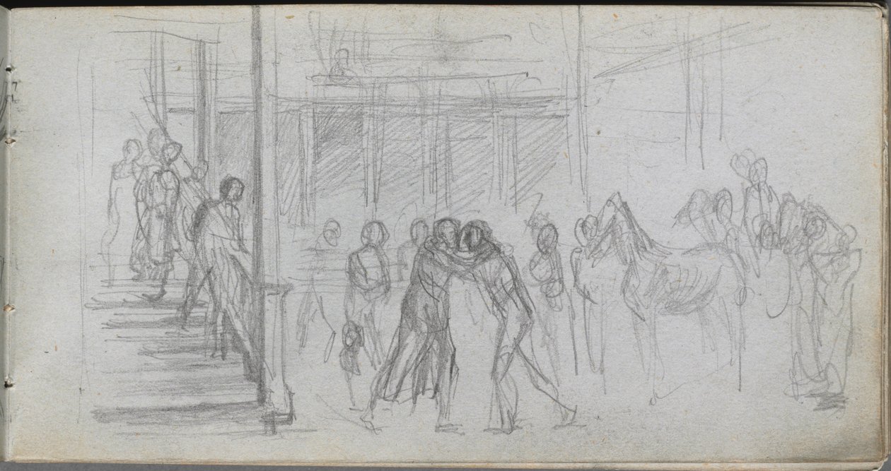 Skissebok, side 62: Figurstudie, trapp, hest. av Jean Louis Ernest Meissonier