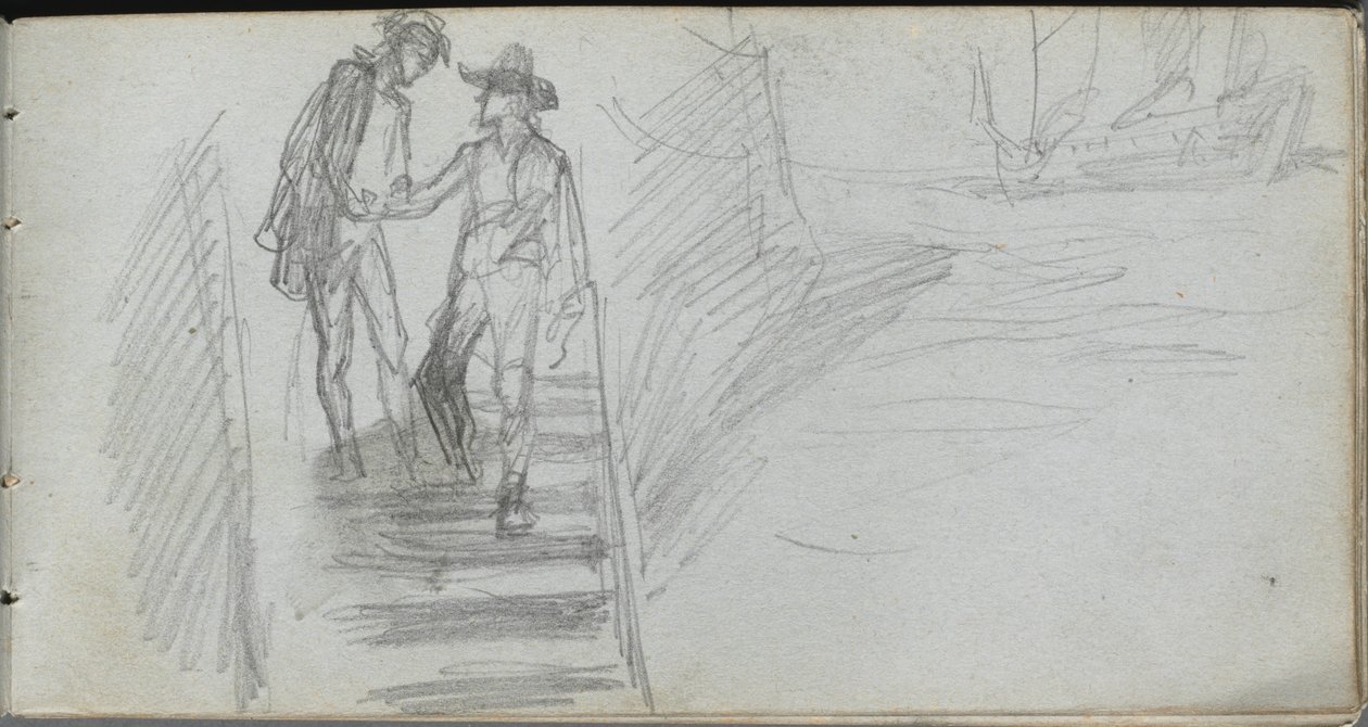 Skissebok, side 64: Figurer på en trapp av Ernest Meissonier