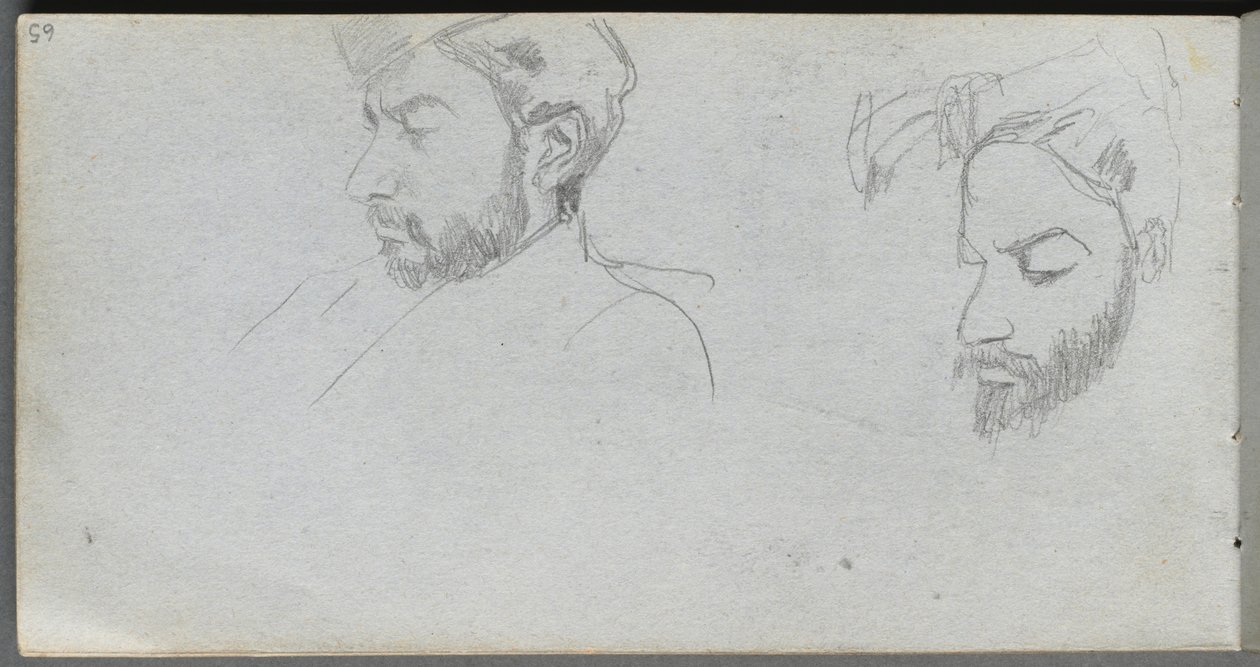 Skissebok, side 65: Studie av ansikter i profil av Ernest Meissonier
