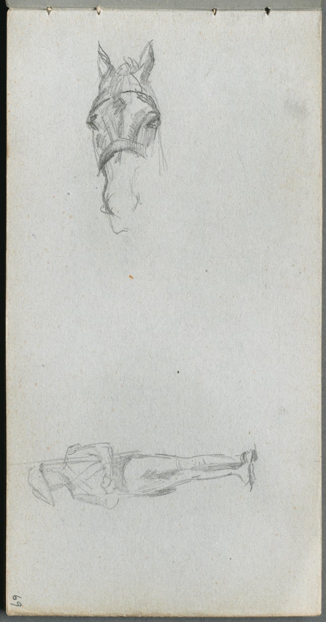Skissebok, side 69: Studie av en hånd, en hest og en figur. av Jean Louis Ernest Meissonier