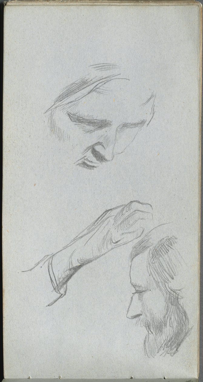 Skissebok, side 70: Studie av to ansikter og en hånd. av Jean Louis Ernest Meissonier