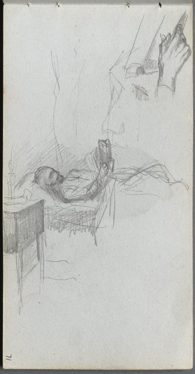 Skissebok, side 71: Studie av en figur som leser i sengen, Studie av en hånd. av Jean Louis Ernest Meissonier