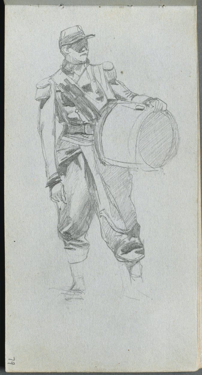 Skissebok, side 79: Soldat med tromme. av Jean Louis Ernest Meissonier