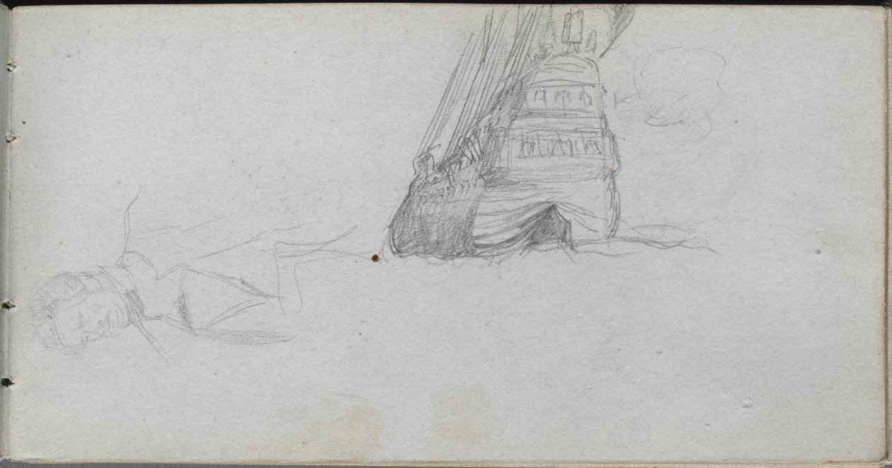 Skissebok, side 84: Figurstudie, studie av et skip. av Jean Louis Ernest Meissonier