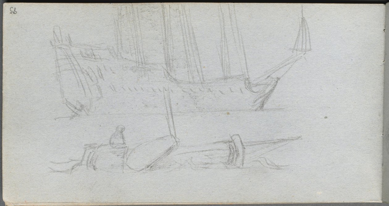 Skissebok, side 85: Studie av et skip og bøye. av Jean Louis Ernest Meissonier