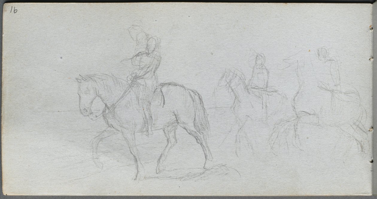 Skissebok, side 91: Figurer til hest. av Jean Louis Ernest Meissonier