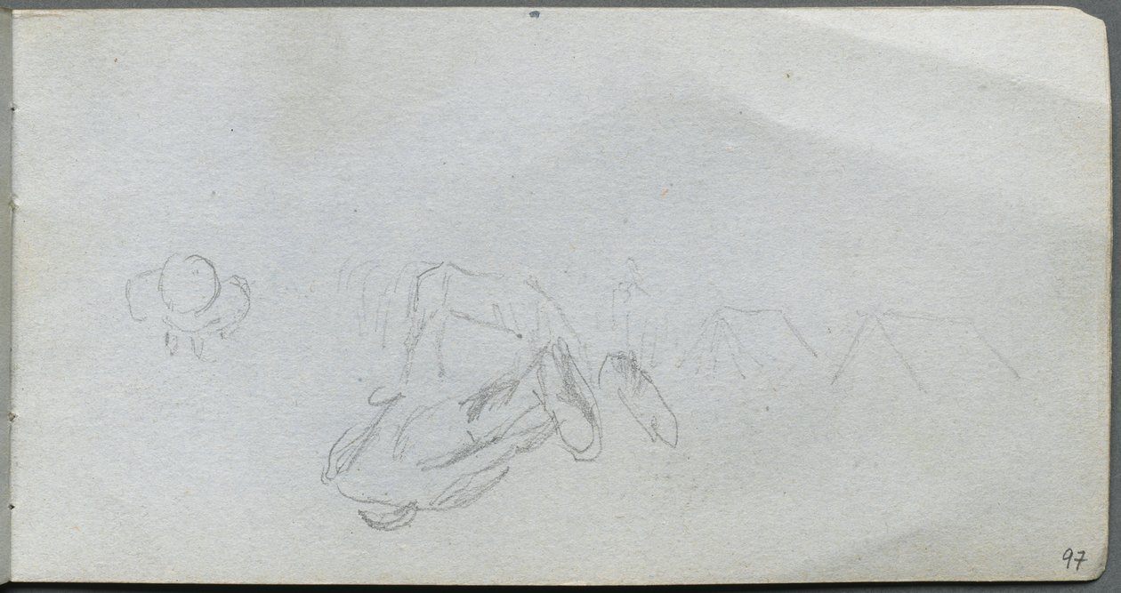 Skissebok, side 97: Studie av figurer, bygninger. av Jean Louis Ernest Meissonier
