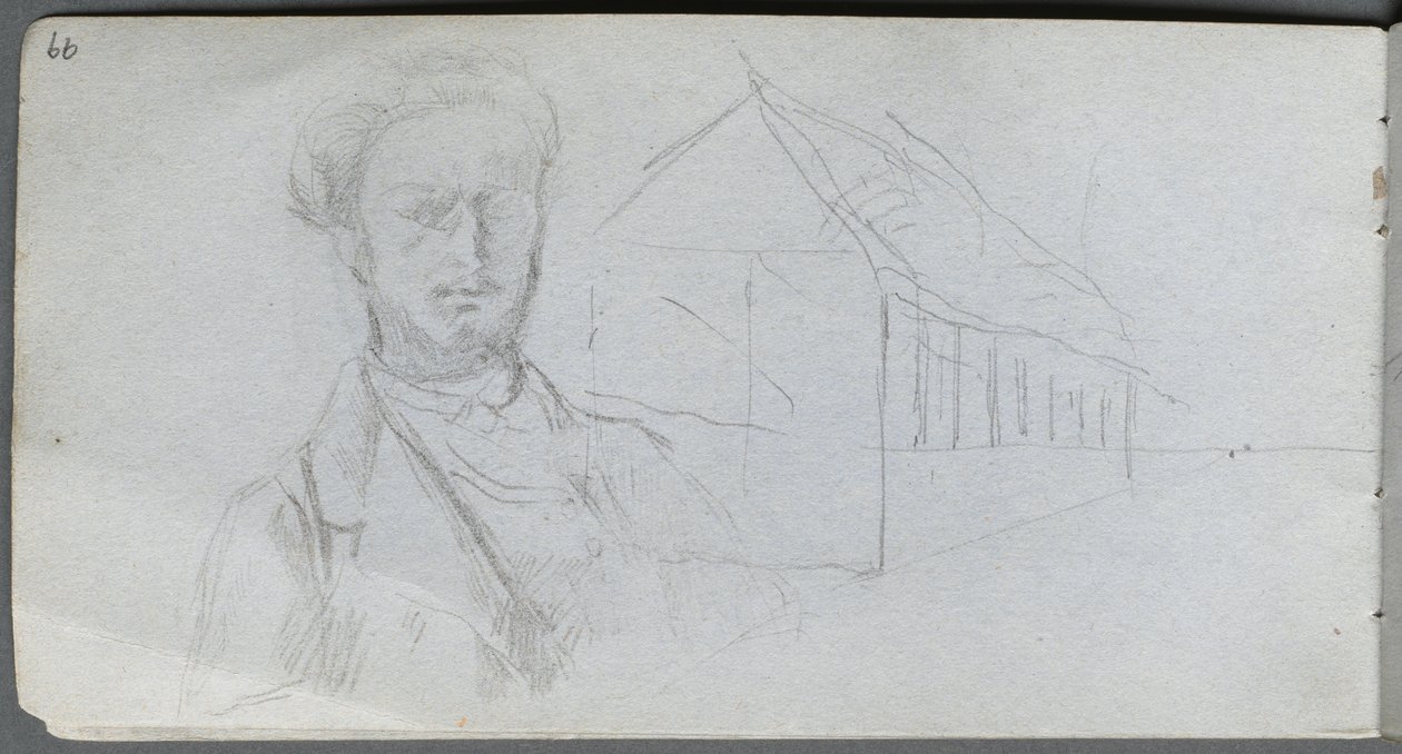 Skissebok, side 99: Studie av figur, bygning. av Jean Louis Ernest Meissonier