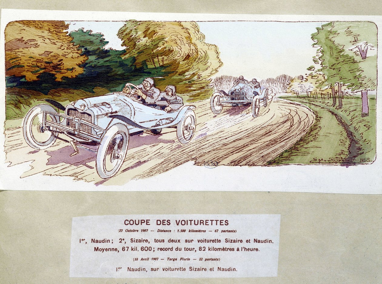 Billøp: kutte vogner i 1907 - tegning av Ernest Montaut (1878-1909). av Ernest Montaut