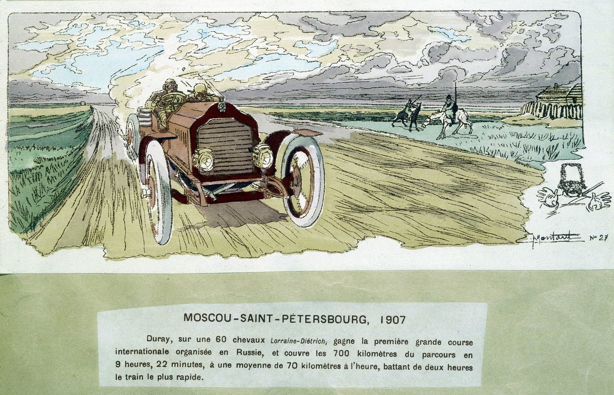 Motorløp: Moskva - St Petersburg, ca 1900 - tegning av Ernest Montaut (1878-1909). av Ernest Montaut