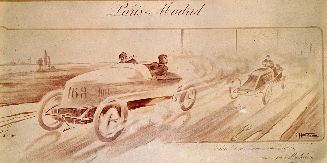 Motorracing: "Paris Madrid": Gabriel-vinner på Mors utstyrt med Michelin-dekk "" Illustrasjon 1903 av Ernest Montaut