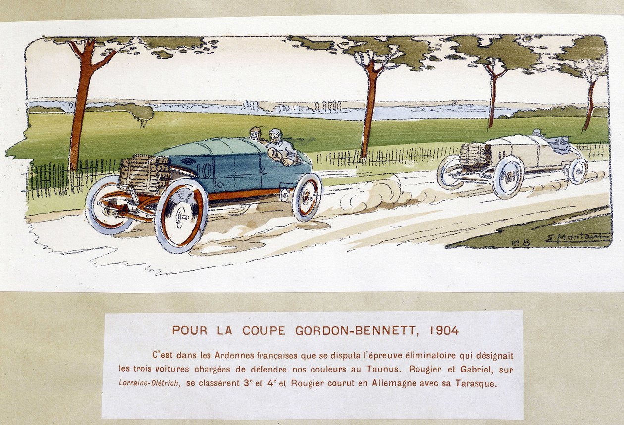 Racing: Gordon Bennett Cup (Gordon-Bennett) i 1904 - tegning av Ernest Montaut (1878-1909). av Ernest Montaut