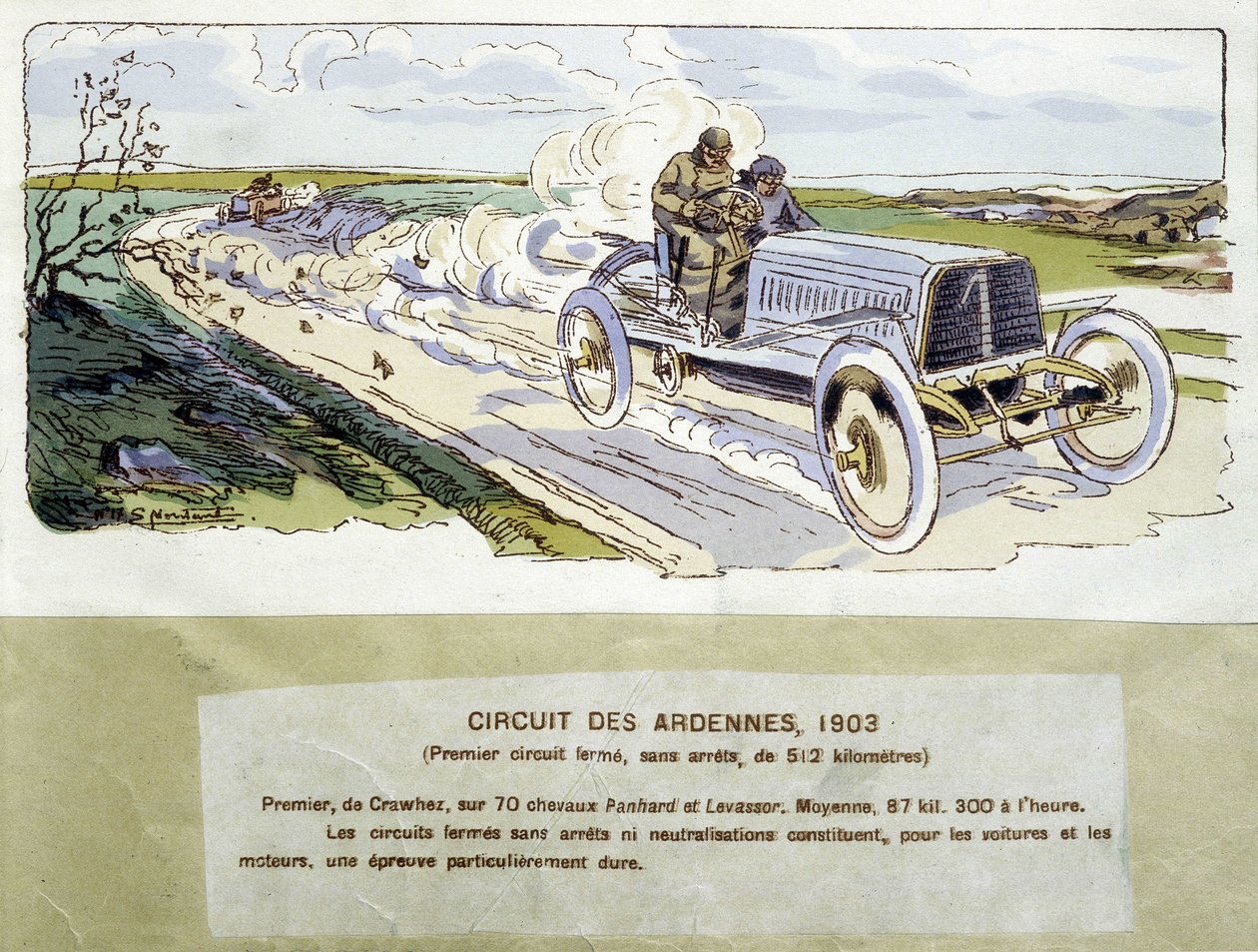 Racing: Ardennes-kretsen i 1903, tegning av Ernest Montaut (1878-1909). av Ernest Montaut