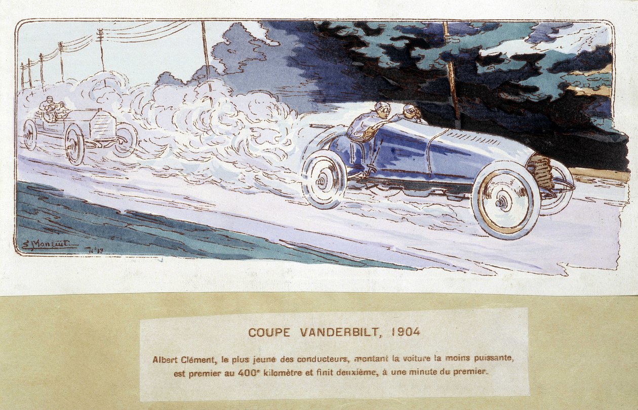 Racing: Vanderbilt Cup i 1904 - tegning av Ernest Montaut (1878-1909). av Ernest Montaut