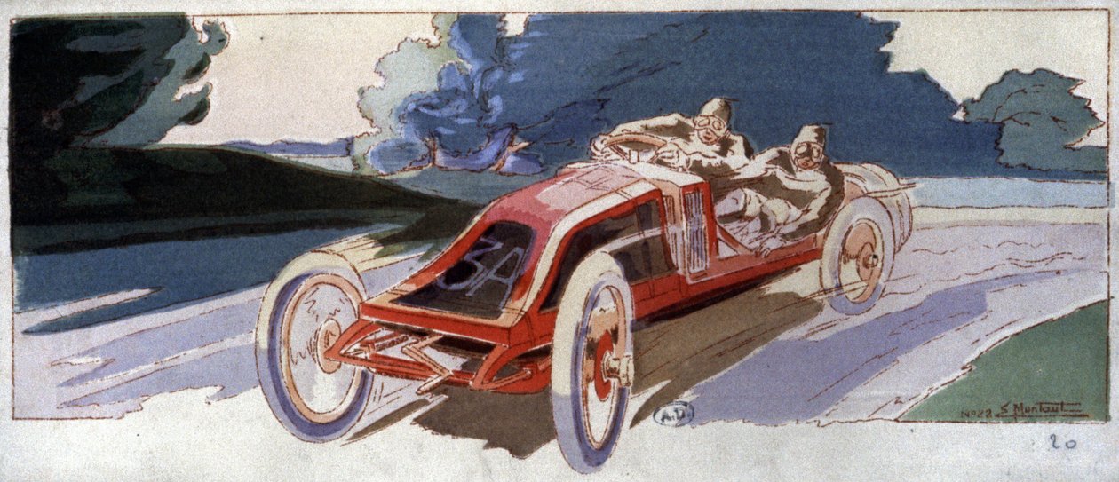 Szisz på Renault-bil, vinner av ACF Grand Prix, ca. 1910 (illustrasjon) av Ernest Montaut
