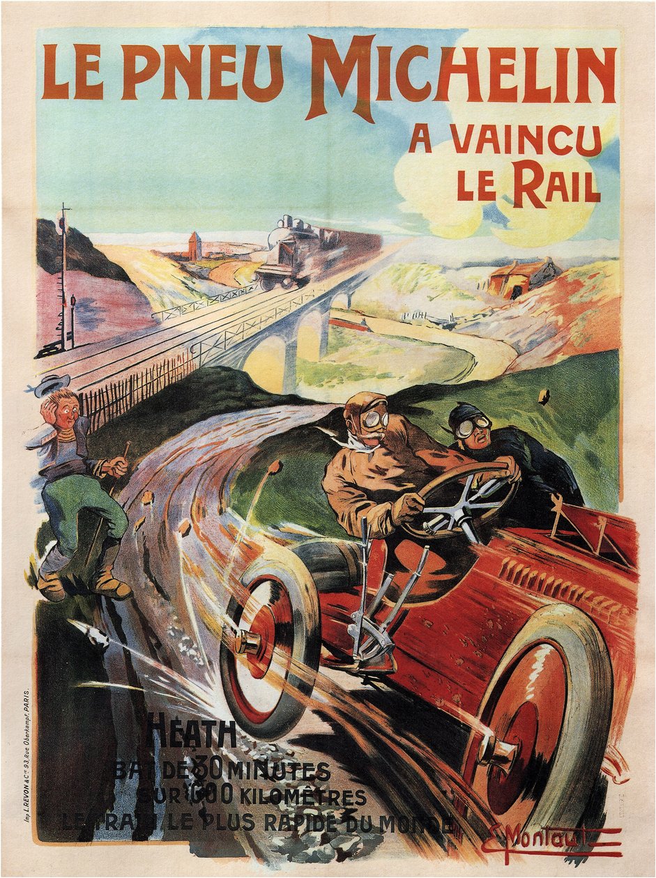 Panhard et levassor racerbil drevet av heden - Michelin-dekk (Pneu) - Montaut, Ernest (1879-1909) - 1905 - Fargelitografi - Privat samling av Ernest Montaut