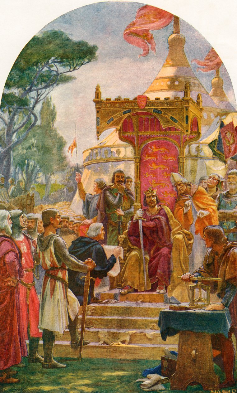Kong John gir Magna Carta ved Runnymede, ved bredden av Themsen nær Windsor, England, 15. juni 1215. Fra Cassell
