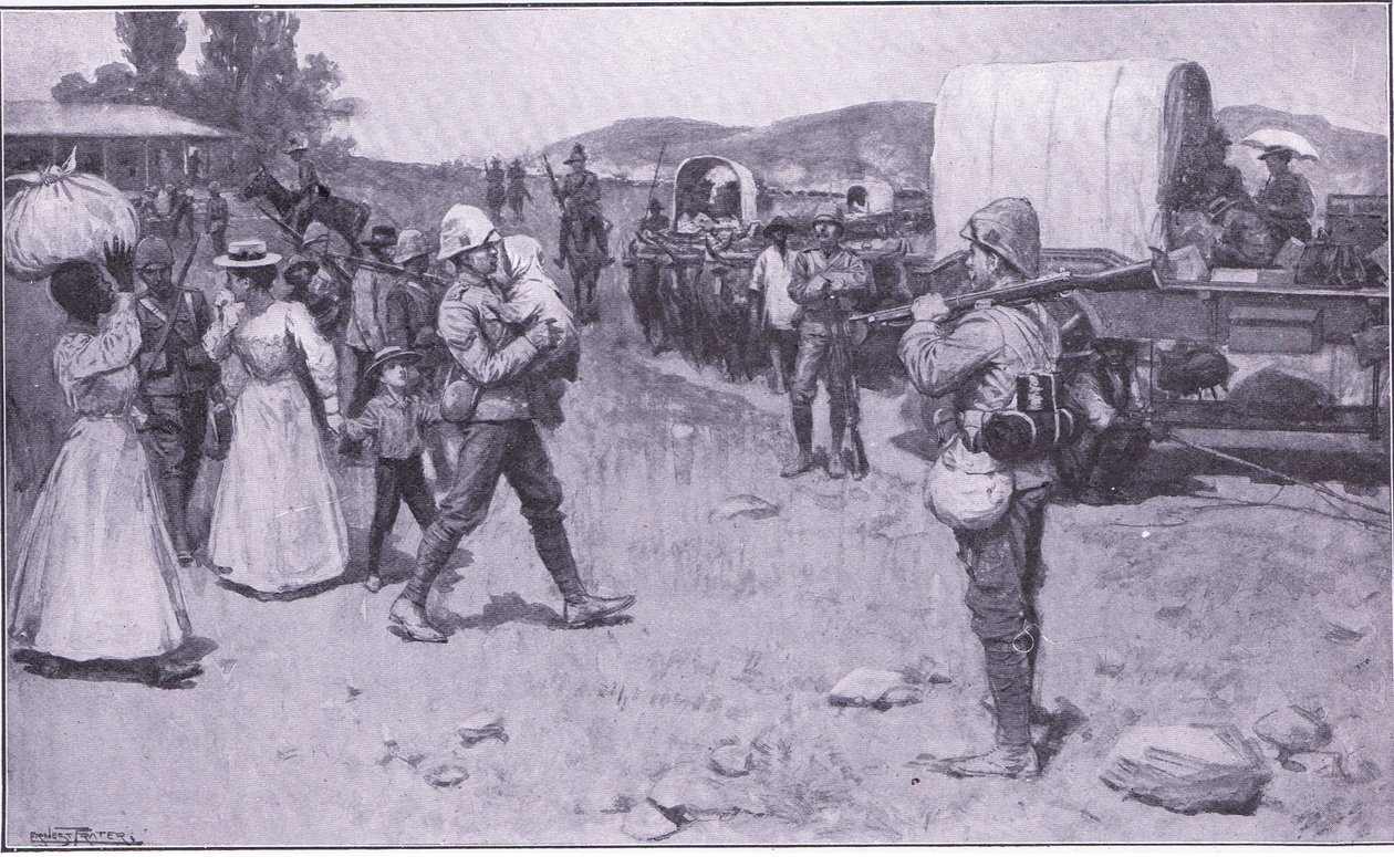 Britiske soldater som hjelper boer-flyktninger, illustrasjon fra After Pretoria: The Guerilla War, 1902 av Ernest Prater