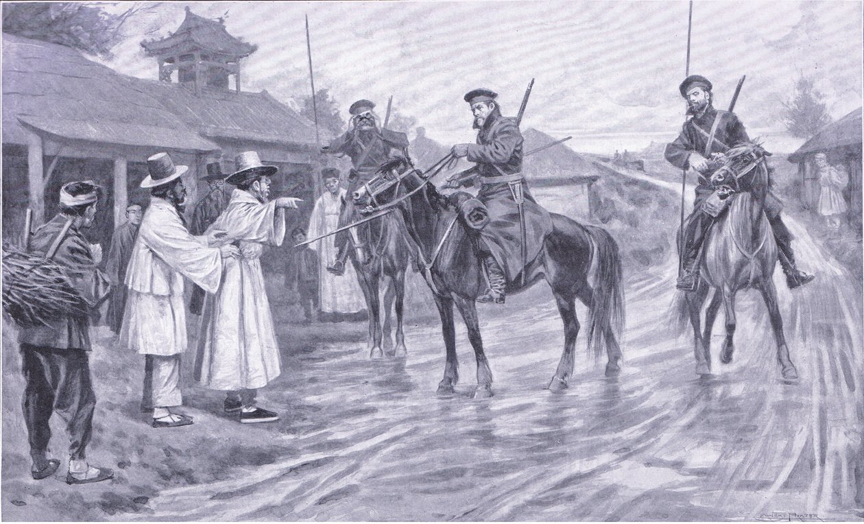 Kosakkspeidere samler informasjon fra en koreansk fange, illustrasjon fra Cassells History of the Russo-Japanese War Vol 1, ca. 1900 av Ernest Prater