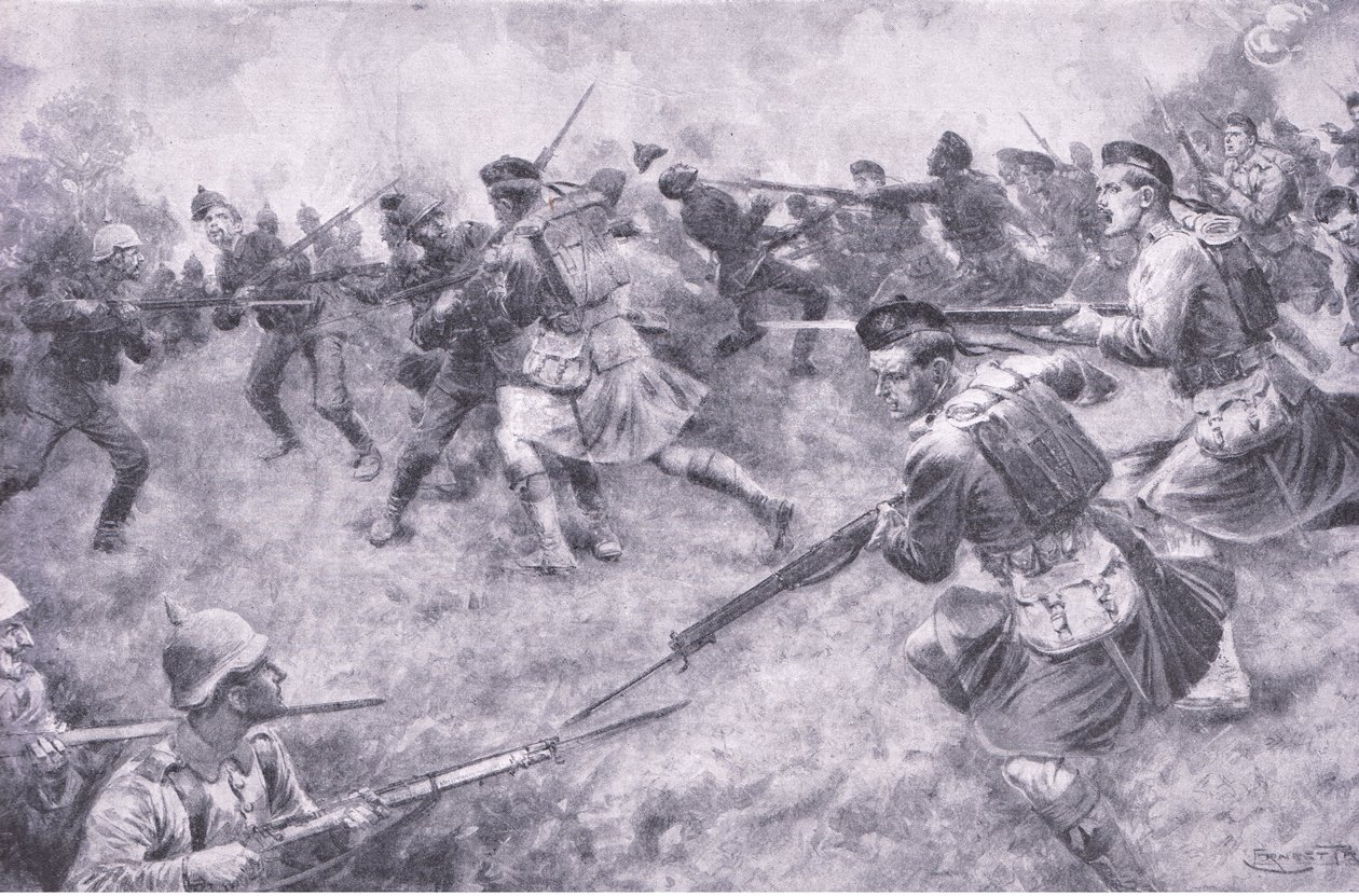 Galant anklage for London Scottish, fra History of the Great War Vol 3 utgitt av Waverley Book Co Limited, ca. 1920 av Ernest Prater