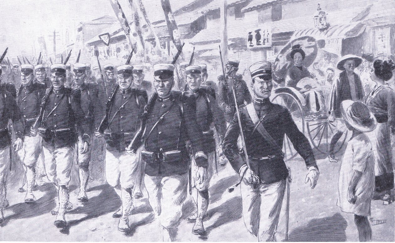 Japanere som marsjerer gjennom Tokio, illustrasjon fra Cassells History of the Russo-Japanese War Vol 1, ca. 1900 av Ernest Prater