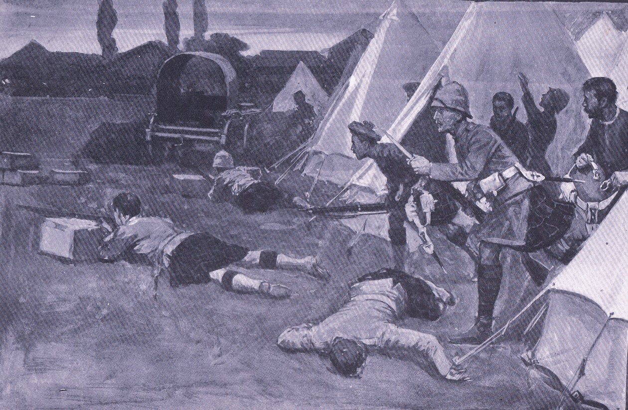Angrepet på den britiske leiren på markedsplassen i Jacobsdal, illustrasjon fra After Pretoria: The Guerilla War, 1902 av Ernest Prater