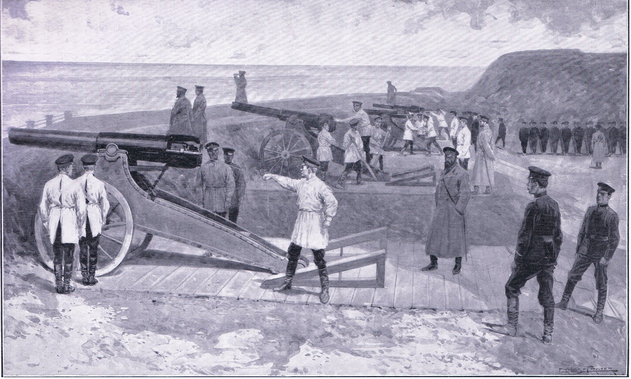 Investeringen til Port Arthur. I en av havnene som vokter den russiske havnen, illustrasjon fra Cassells History of the Russo-Japanese War Vol 1, ca. 1900 av Ernest Prater