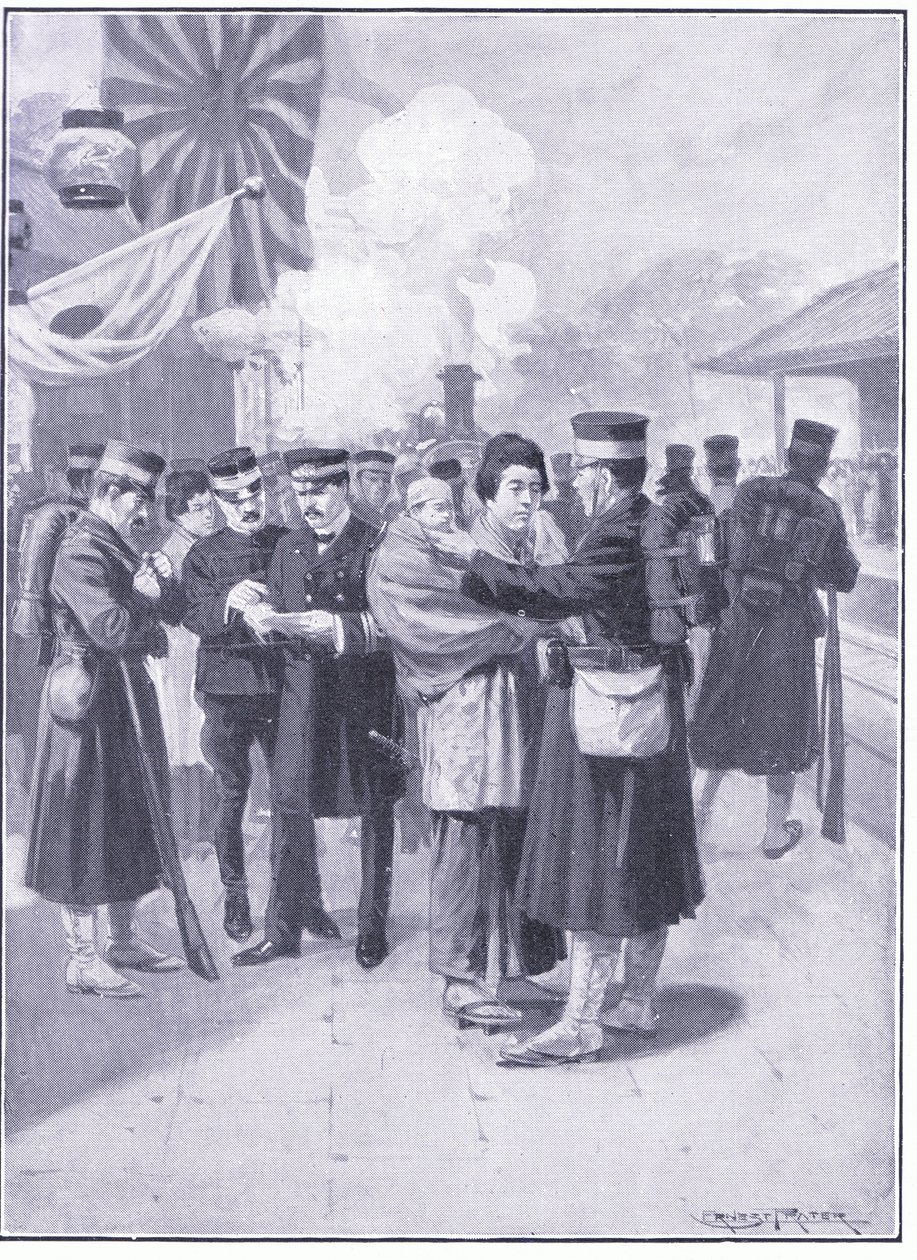 Tropper som forlater Tokio, illustrasjon fra Cassells History of the Russo-Japanese War Vol 1, ca. 1900 av Ernest Prater
