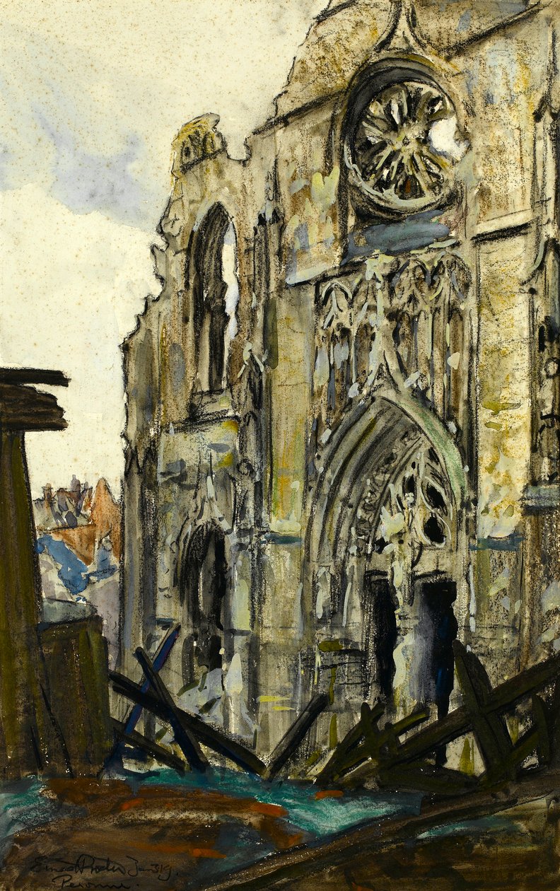 Peronne, 3.1.1919 (fargestift og gouache på papir) av Ernest Procter