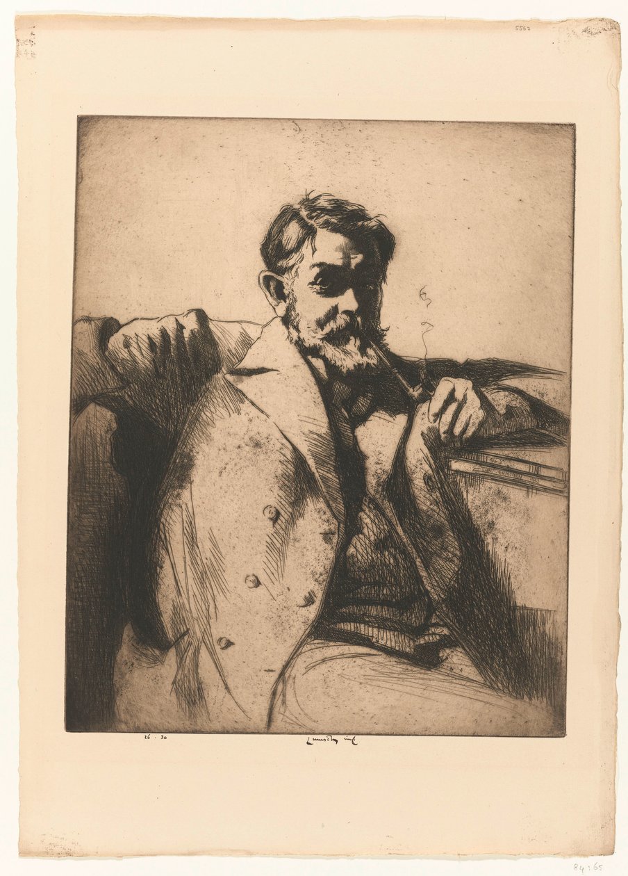 Portrett av Sir Frank Brangwyn med Pipe av Ernest Stephen Lumsden (signed by artist)