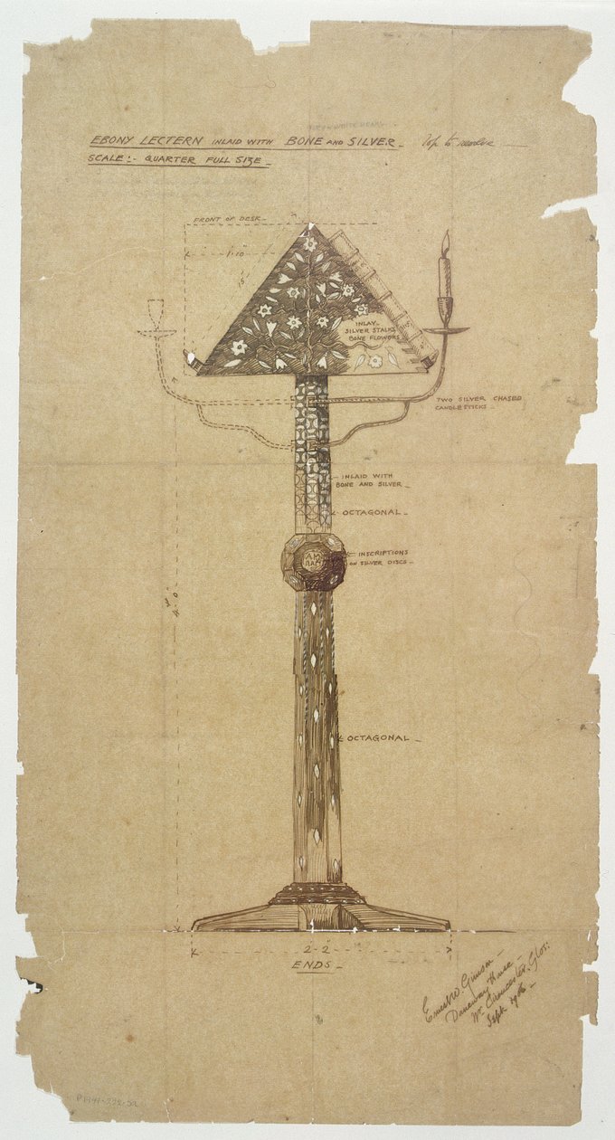 Design for Ebony talerstol innlagt med bein og sølv for St. Andrews Church, Roker 1906 (penn og blekk på papir) av Ernest William Gimson