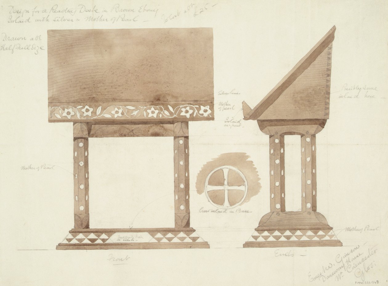 Design for lesepult i brunt ibenholt, innlagt med sølv og perlemor, ca. 1905-15 (wc med blyant på papir) av Ernest William Gimson