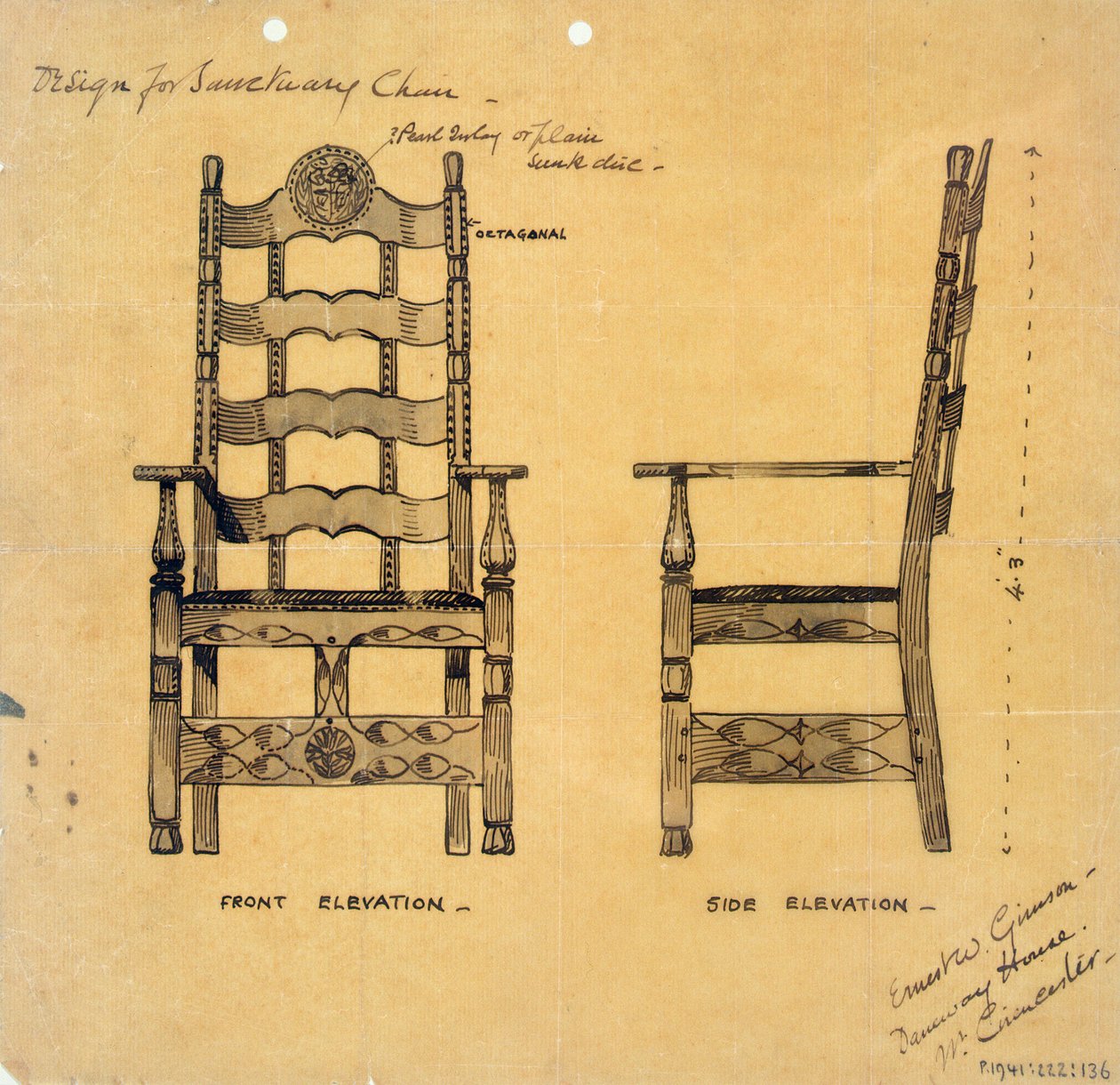 Design for Sanctuary Chair, ca. 1905-25 (penn- og blekkvask på papir) av Ernest William Gimson