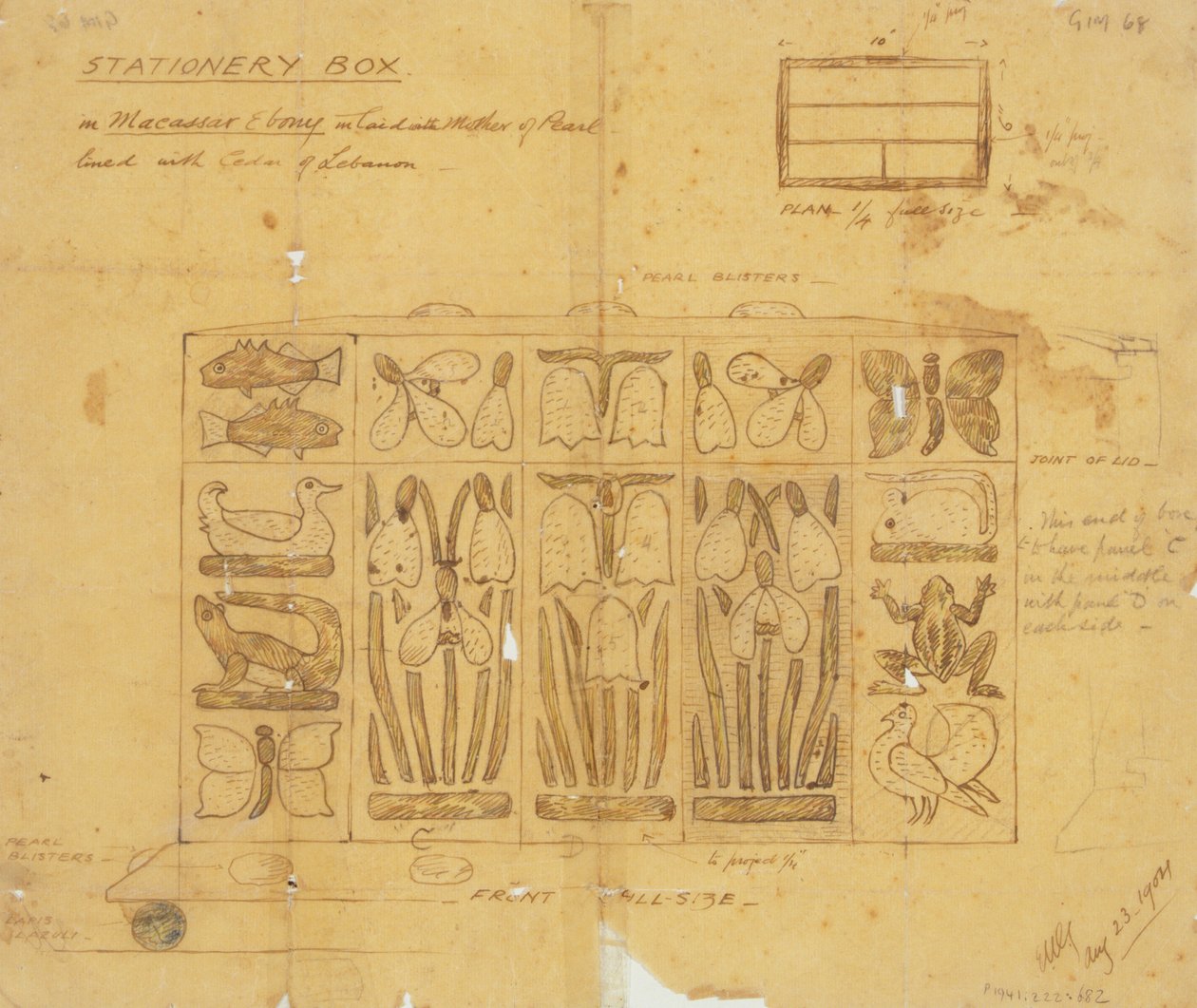 Design for skrivesaker i Macassar Ebony innlagt med Mother of Pearl, 1904 av Ernest William Gimson