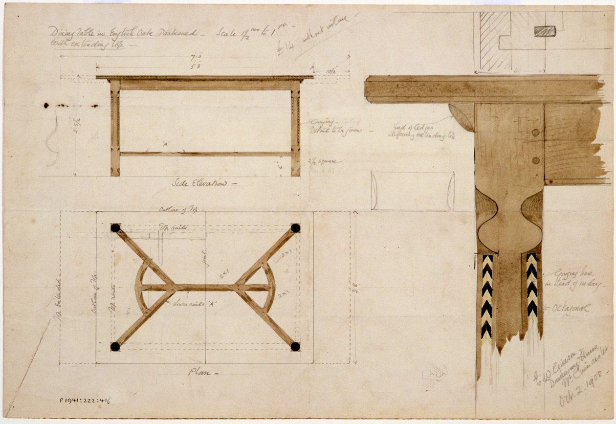 Design for et spisebord i engelsk eik, mørklagt, med høyrake-båre, 2. oktober 1908 (penn og blekk og wc på papir) av Ernest William Gimson