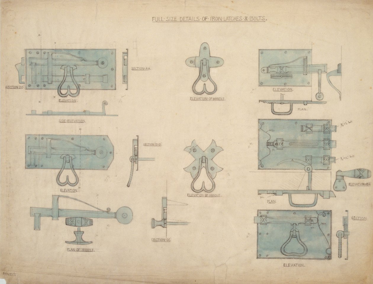 Design for Iron Latches and Bolts, ca. 1905-15 (blyant og wc på papir) av Ernest William Gimson