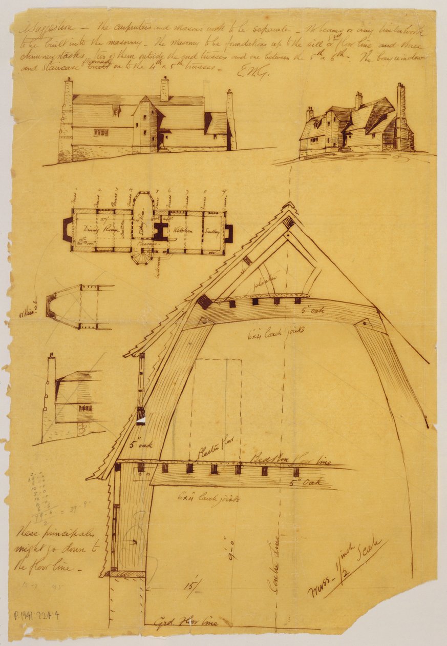 Visning, planlegging og detalj av huset (blekk og blyant på papir) av Ernest William Gimson