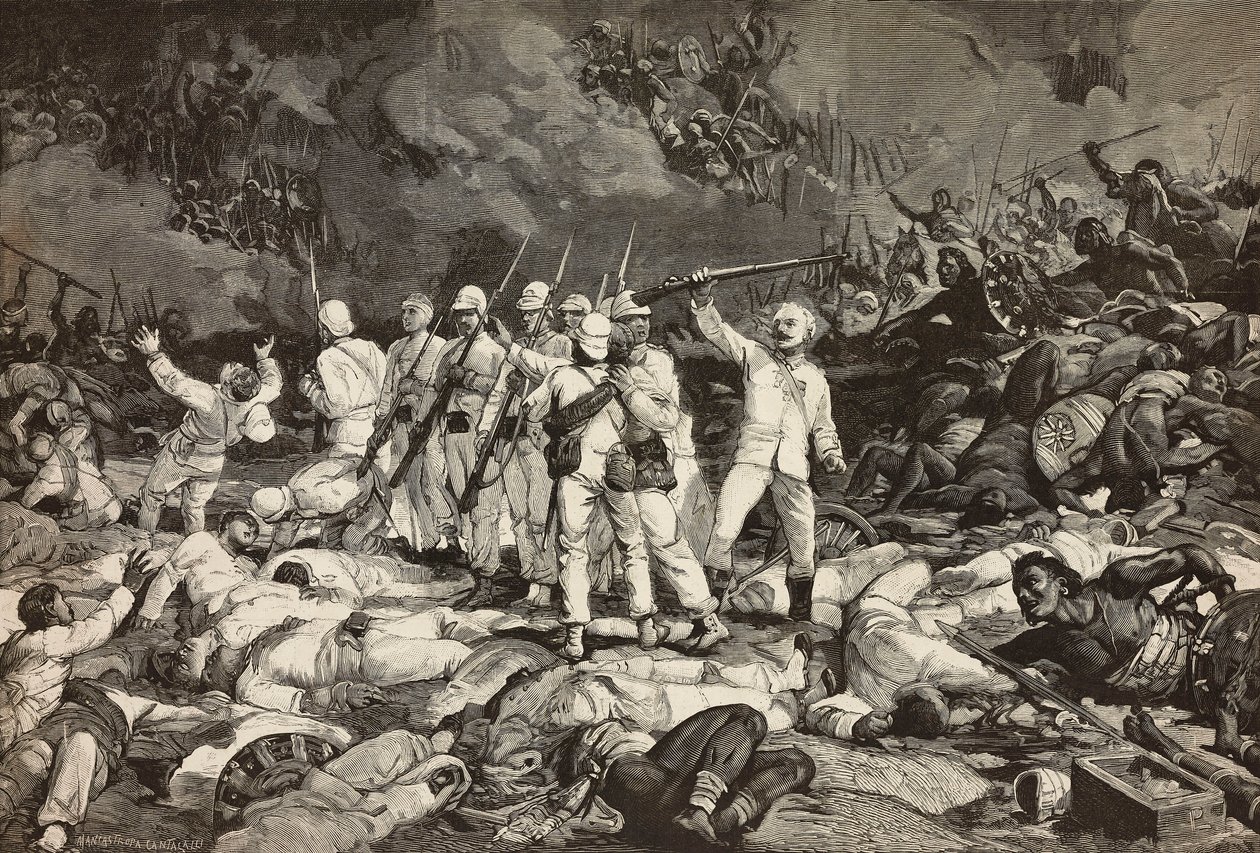 Slaget ved Dogali, siste overlevende som presenterer våpen, hilser falne, Eritreisk krig, gravering av Ernesto Mancastroppa og Cantagalli fra tegning og komposisjon av Ludovico Pogliaghi, fra L